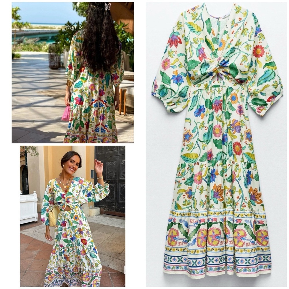 NWT Zara Multicolor Floral Cut Out Linen Knotted Boho Bloggers Fav Maxi Dress XS